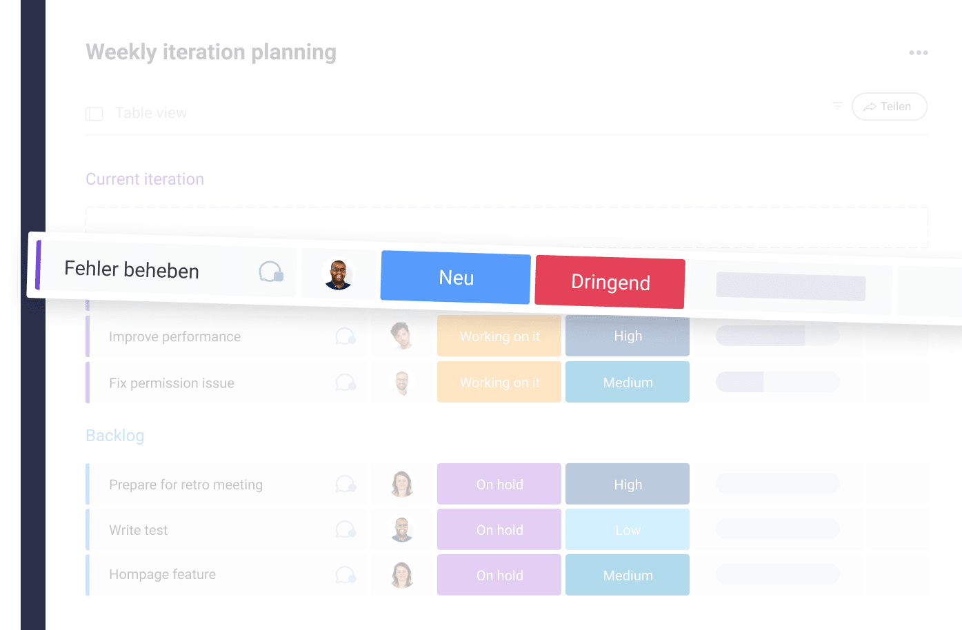 Board für die wöchentliche Planung für Softwareteams
